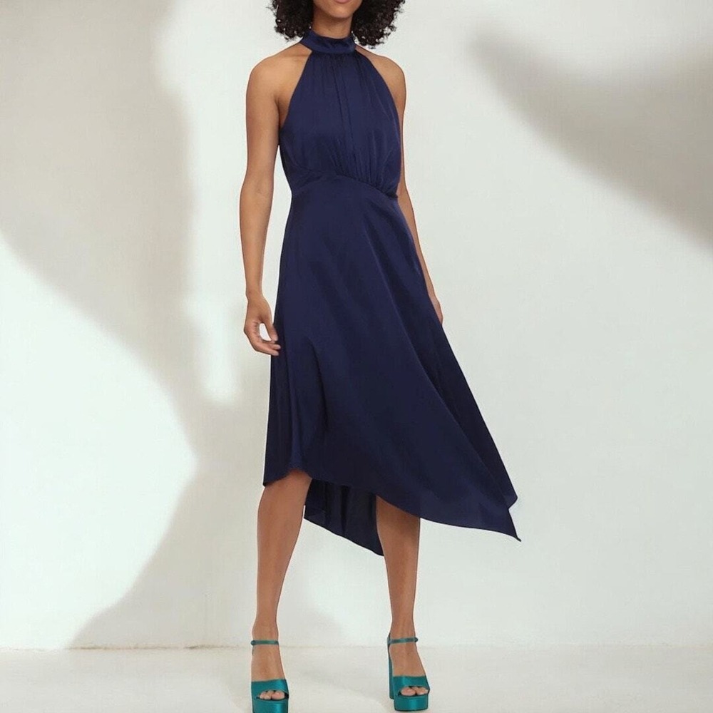 Maggy London Navy Blue Satin Halter High Low Midi Dress Astral Aura G5399M 10